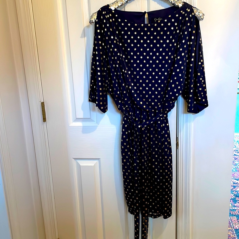 NWOT, Jessica Simpson cocktail dress. Size 10 dark navy blue w/gold details.